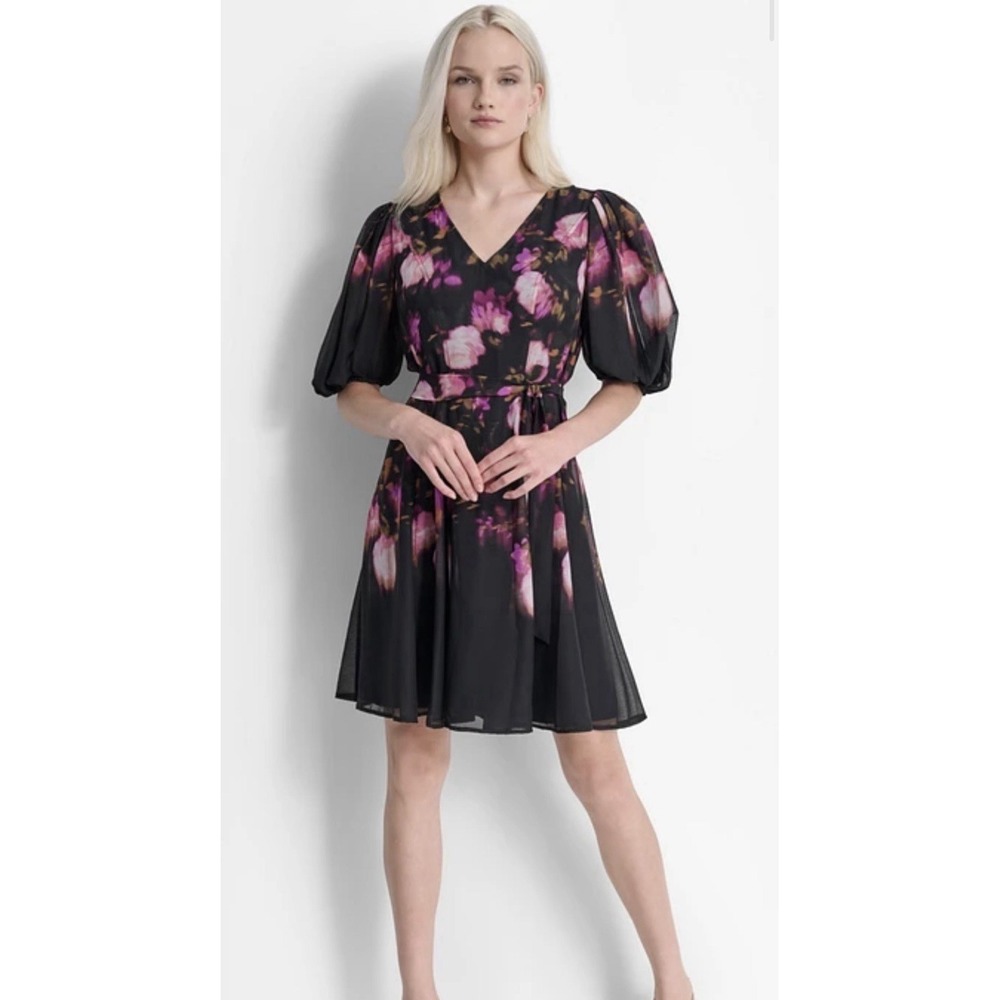 NWT DKNY Women's Black Floral Tie-Waist Balloon-Sleeve Dress Petite Size 2P $138